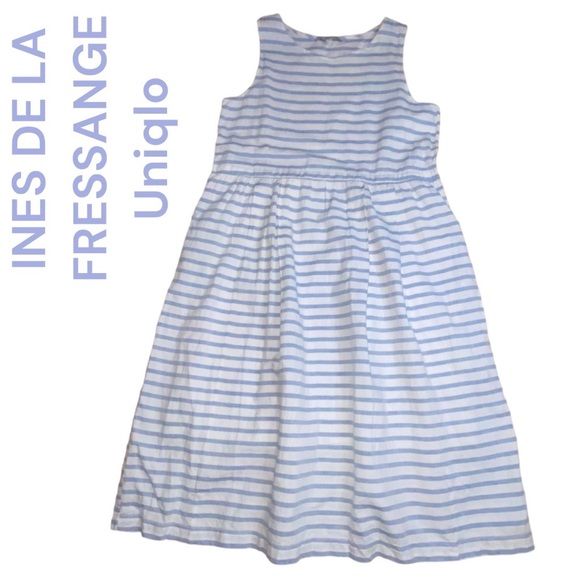 Uniqlo Dresses & Skirts - Ines De La Fressange UNIQLO Linen Blend Blue White Striped Tie Back Dress Large